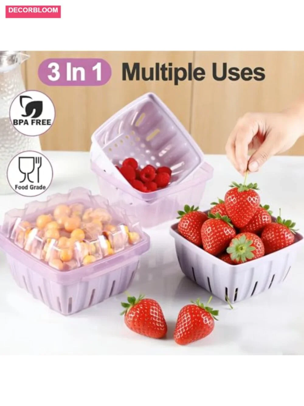 3-in-1 Fruit Colander with Lid, BPA-Free Plastic Berry Keeper, Vented Storage